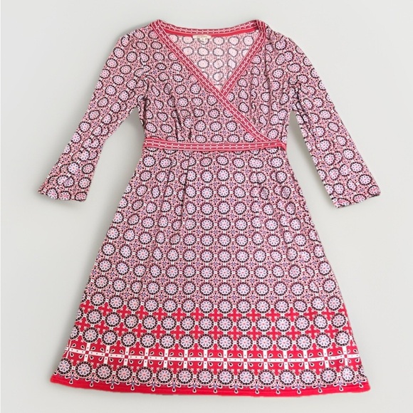 Max Studio Faux Wrap Print Stretch Dress Red Black Blue sz L - Picture 1 of 9